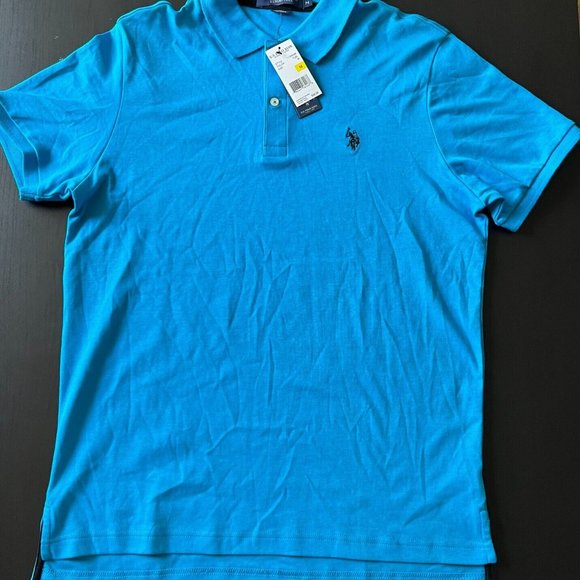 NWT US Polo Assn. Polo Shirt Mens Medium Blue Short Sleeve Collared Logo Slit - Picture 2 of 7